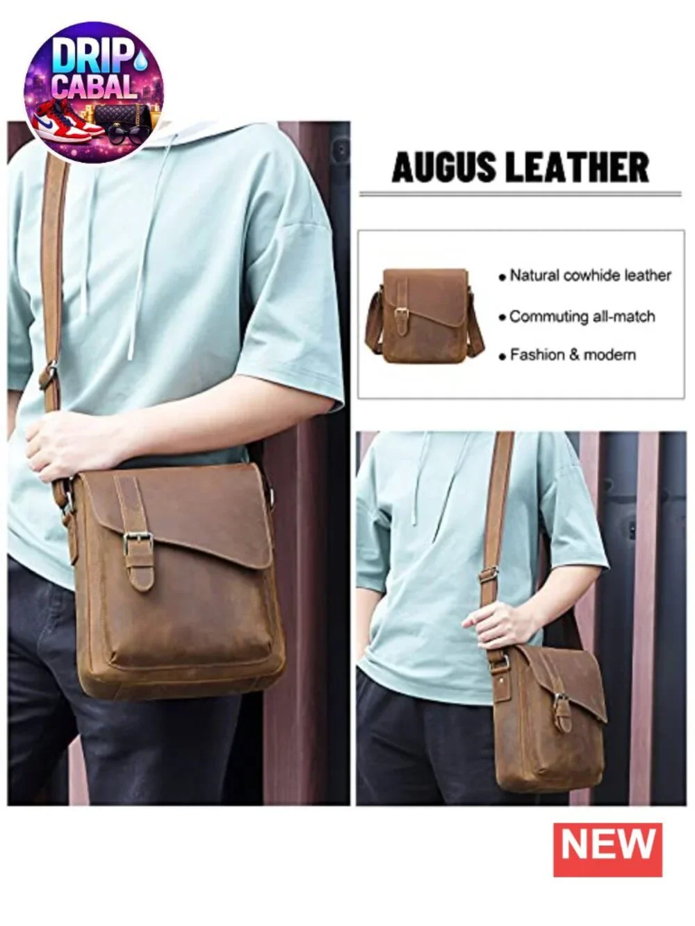 Genuine Cowhide Leather Messenger Crossbody Bag for Men Fits Tablet